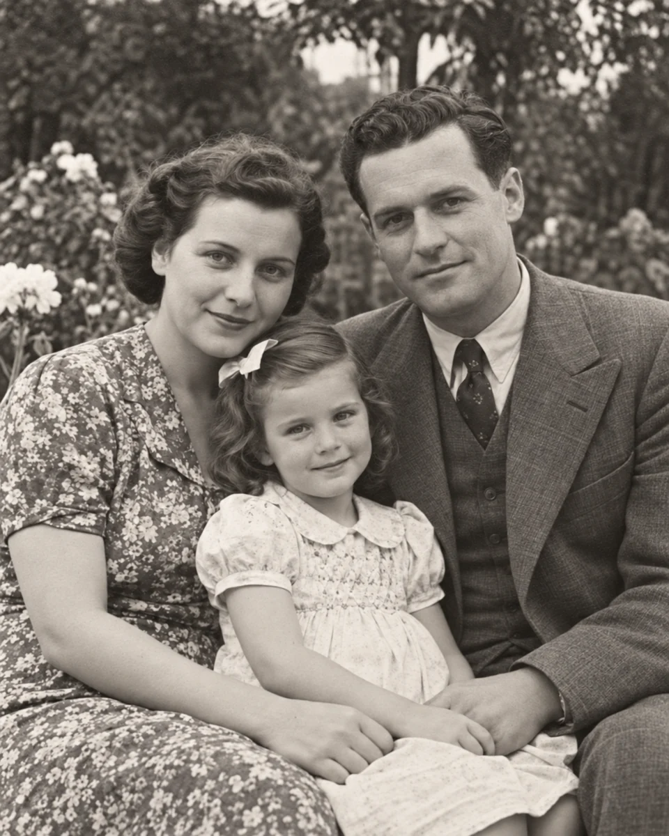 AI-generated restored concept of the same fictional family portrait, with clearer tones and reduced damage.
