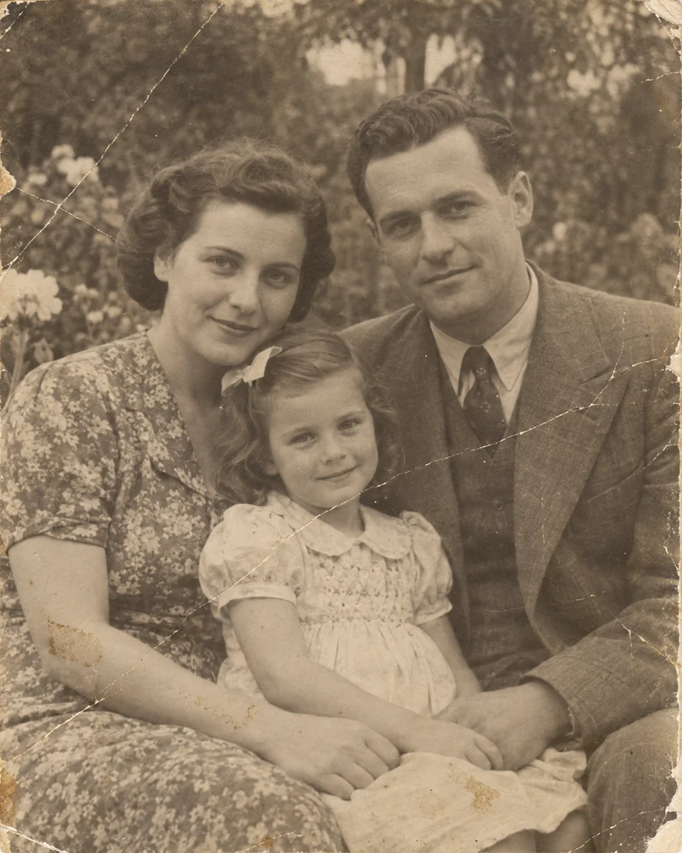 AI-generated vintage portrait of a fictional family of three, faded with scratches, creases and stains.